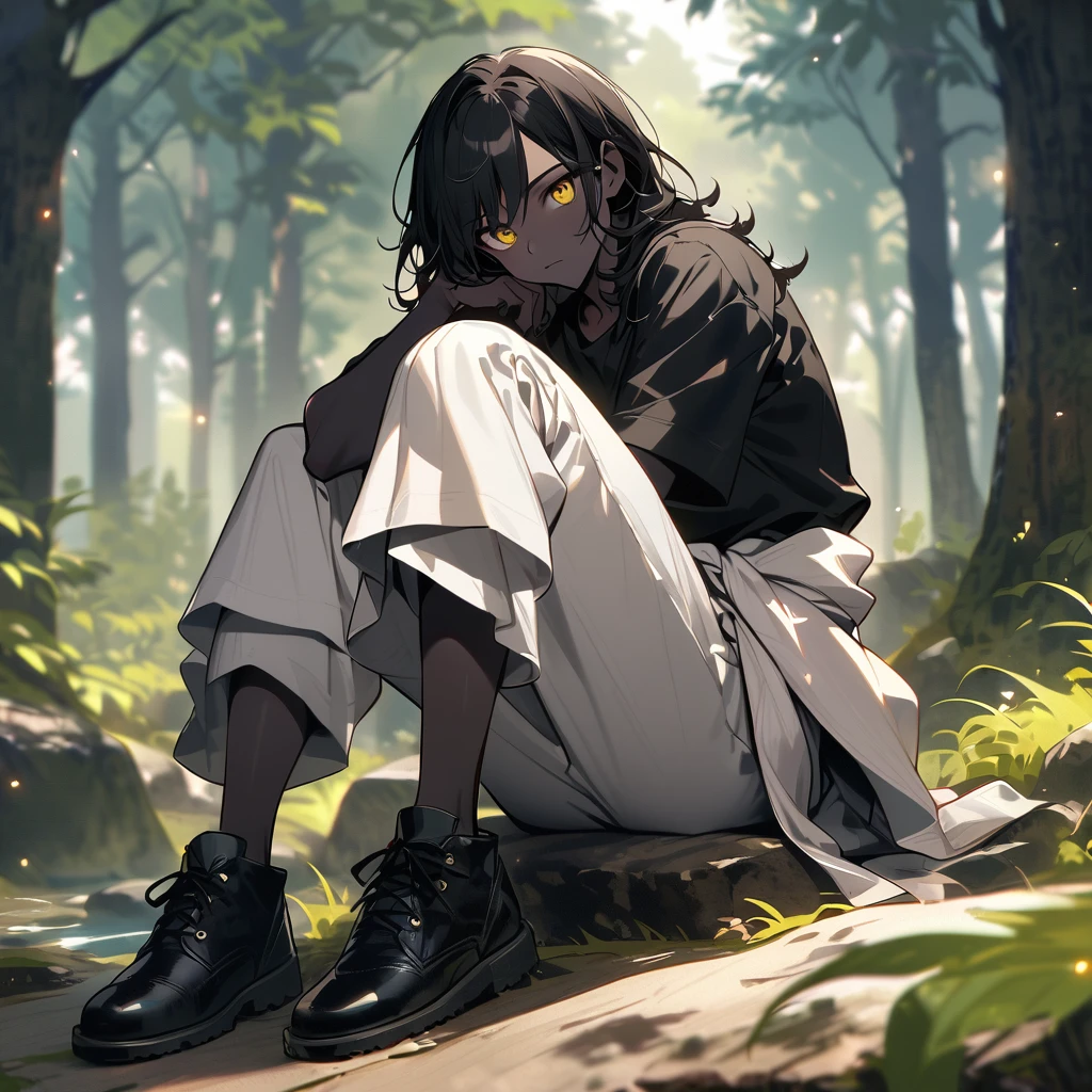 (well done: 1) man, slightly burnt black skin, shoulder-length wavy black hair, yellow eyes, black t-shirt, nails painted black, white pants, blouse wrapped around the waist, black shoes. sitting on a rock in a forest..