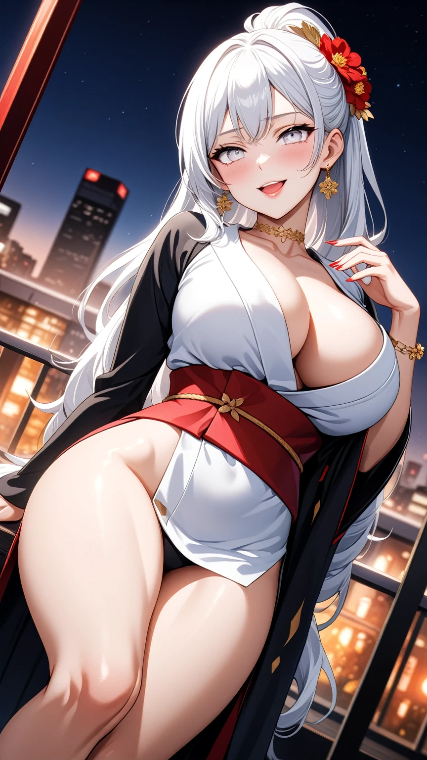((One personの女性)), Beautiful Face, (Laughing embarrassedly), (seductive smile:1.2),((Doing sexy poses:1.3)), ((Wink:1.9)), (head tilt:1.3), Laugh with your mouth wide open, upper teeth, looking at viewer, ((Bright red cheeks:1.4)),Glossy Red Lips,Night view,High-altitude observation deck, firework, Glossy red lips, (Shining Face), ((Anime style background)),masterpiece, Highest quality, so beautiful,up to date, Complex details, (Pink long nails),(ring),(bracelet),(Floral choker),(black high heel sandals)), AI-generated, Complex,High resolution, Highest quality, super high quality,3D Images、3D Images,One person,Long white hair,High Ponytail, Anime woman posing for a photo,(blue eyes), ((Fine grain、Light-colored silvery white eyes、Shining Eyes:1.4)), (Squint your eyes:1.1),a hyperRealistic , hyperRealistic , Realistic,Anime woman with long white hair, Smooth anime CG art, A woman in a colorful kimono with gold embroidery, (Black long sleeve kimono),Red floral pattern,Long flower hair ornament,Earrings,Mature Body,(Big Breasts:1.1),Tall,Abdominal muscles,Tight waist,(knee shot:1.2), (dutch angle:1.3),