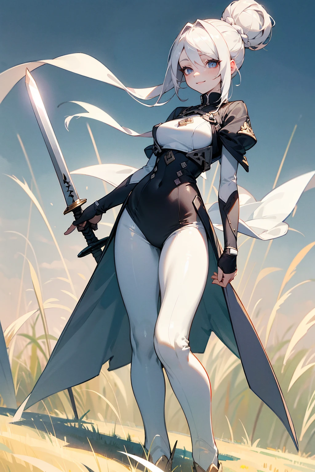 Masterpiece Quality, Perfect Generation, Sclera, Detailed Eyes, Skin, White Hair, Gray Eyes, Pale Skin, Field Background, Facing Viewer, Standing, , Female, Full Body, Nice Clothing, Sword, Hair In Buns, Attractive, Busty, Crazy Smile, Curvy,