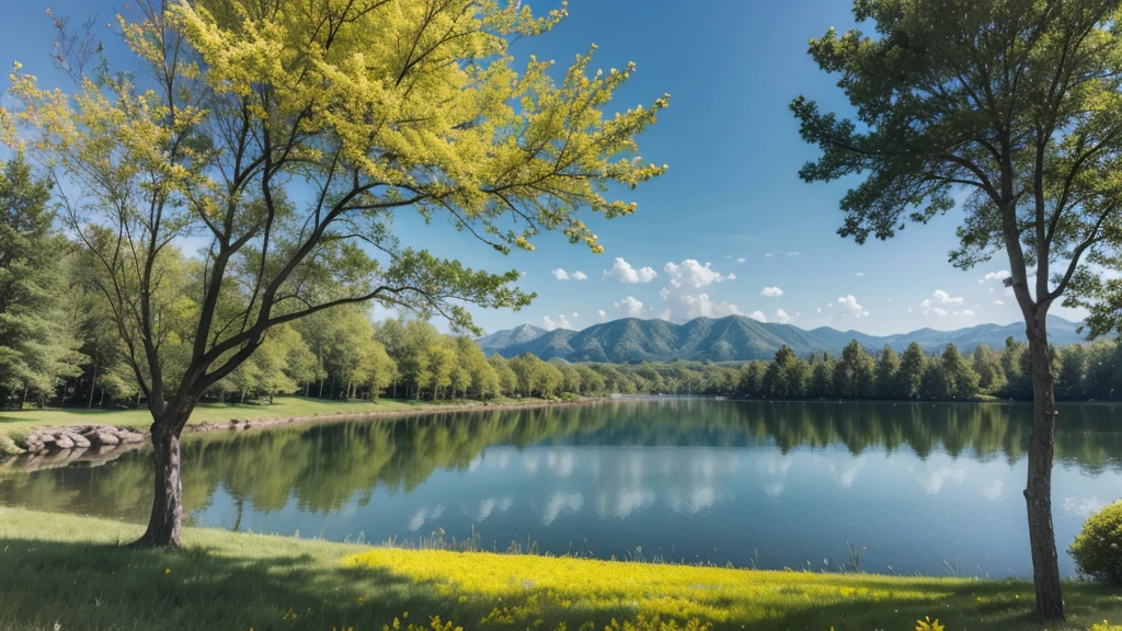 landscape with tree with yellow flowers and lake