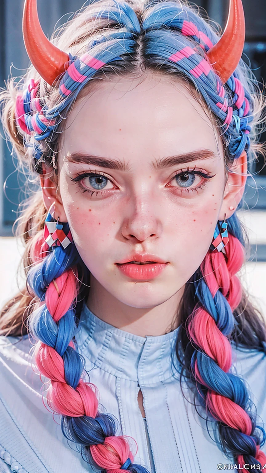 1girl, portrait, masterpiece, best quality, 4k, 8k, highres, ultra-detailed, realistic, photorealistic, photo-realistic:1.37, sharp focus, physically-based rendering, extreme detail description, professional, vivid colors, horns, cut3h0rnstyl3, random hair, random color hair, random color eyes, random eyelashes