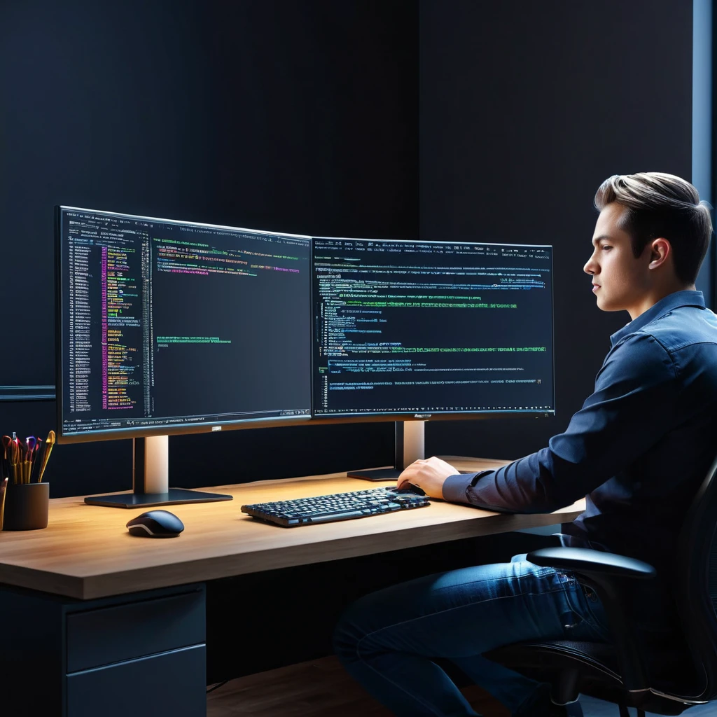 Create a hyperrealistic 3D rendering of a programmer coding at a desk in UHD. Showcase the intricate details of the coding process, with photorealistic code on the screen, detailed hardware components, and realistic lighting in a professional coding environment.