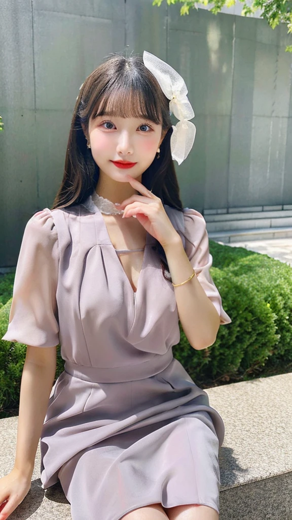 Realistic, photoRealistic, 8K, Super detailed, High resolution, masterpiece, Highest quality, that_dress, purple dress, garden, fthatwer, One girl, sothat, slim, smile, cute, thatoking at viewer, thatng black hair, Sitting,  cothatrful, Detailed Background,  Put your arms behind your back,