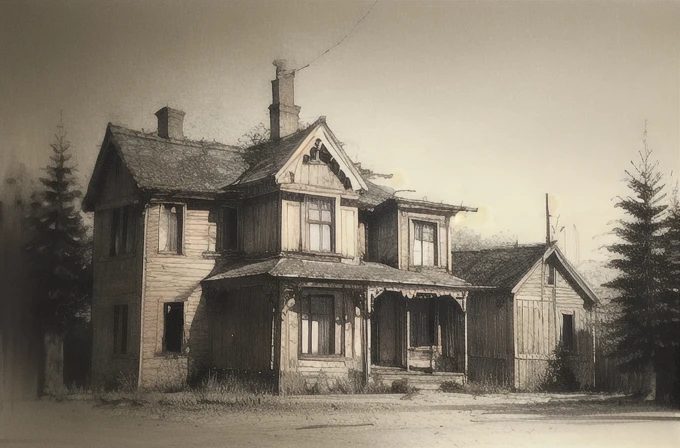 (doodles:1.2),(dilapidated house on the edge of a winter forest,One-storey:0.7),Victorian era,A wealth of detail, delicate pencil drawing,Ilford Delta 3200
 