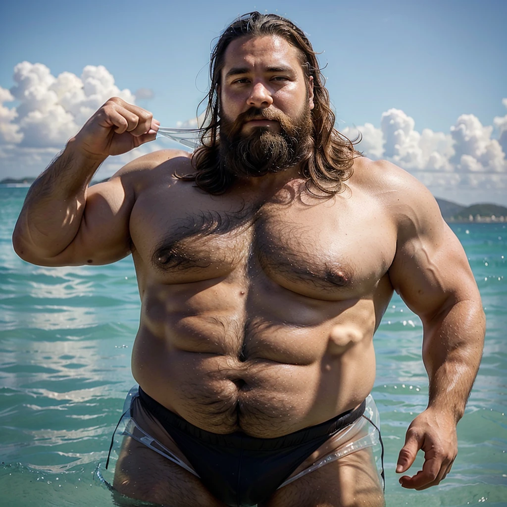 Create a photo of a handsome man, with a 35 year old beard, muscular, but fat, with a lot of hair all over the body walking around in a transparent swimsuit