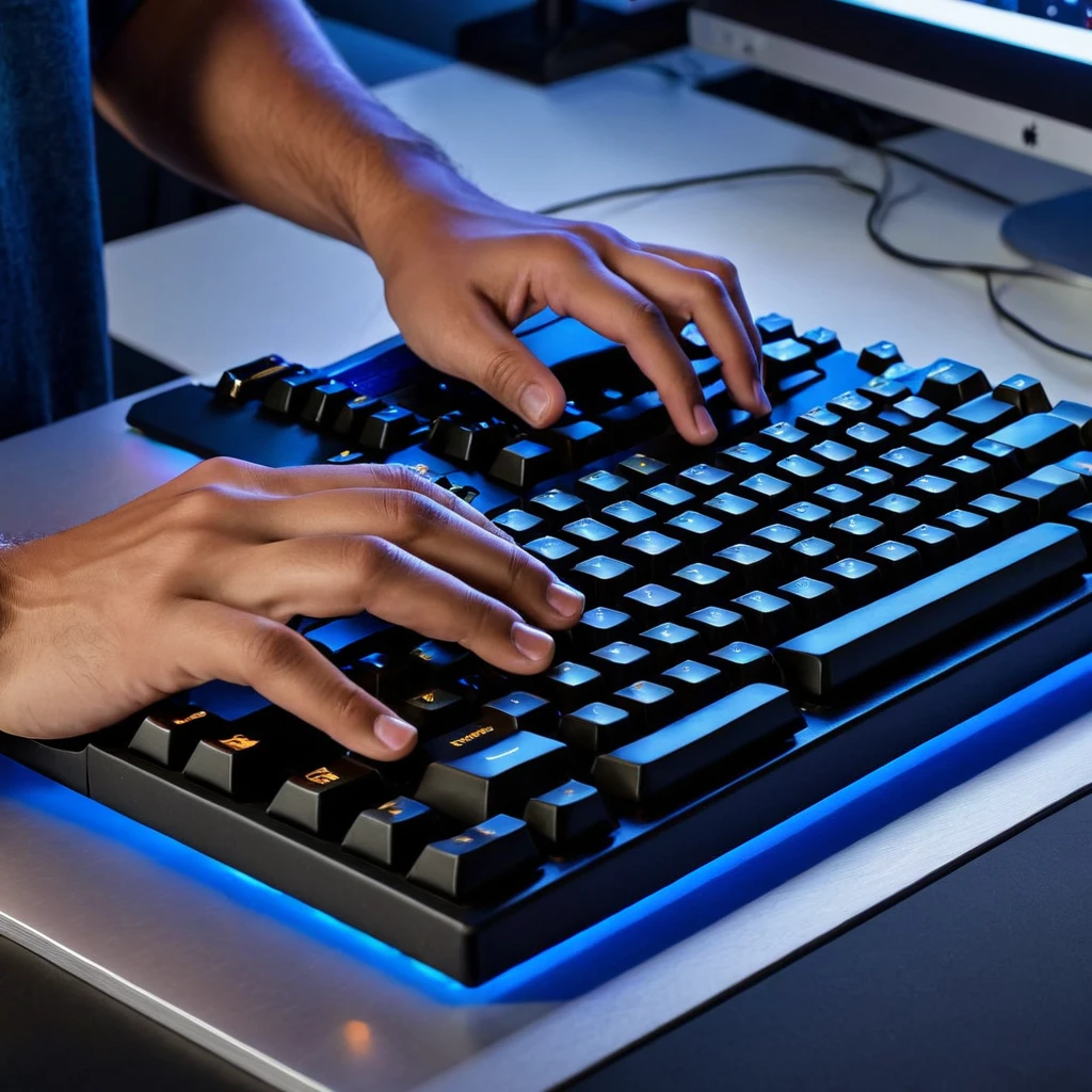 Generate a 64K image of a coder working late into the night. Show a highly detailed close-up of their hands typing on a mechanical keyboard, capturing the essence of dedication and precision in computer programming.