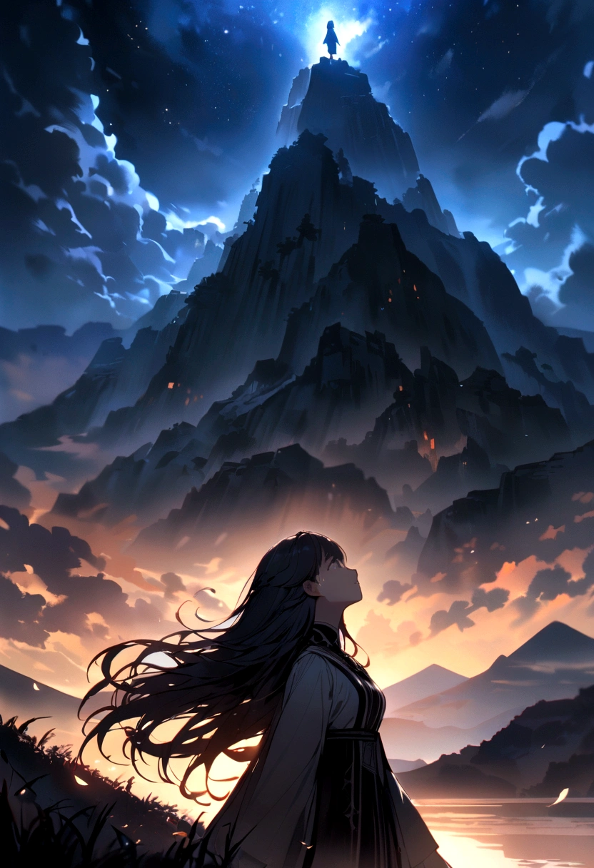 Fantasyな満月, Long Hair, Woman looking up to the sky and crying, silhouette, Facing Death、Fantasy、masterpiece, Highest quality, night, hill, , Imagination、Narrative、Impressive work、　