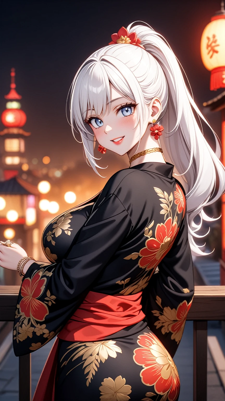 ((One personの女性)), Beautiful Face, (Laughing embarrassedly), (seductive smile:1.4), ((Wink:1.9)), (head tilt:1.3), Laugh with your mouth wide open, upper teeth, looking down at viewer, ((Bright red cheeks:1.4)),Glossy Red Lips,rooftop, firework, Glossy red lips, Shining Face, ((Anime style background)),masterpiece, Highest quality, so beautiful,up to date, Complex details, (Pink long nails),(ring),(bracelet),(Floral choker),AI-generated, Complex,High resolution, Highest quality, super high quality,3D Images、3D Images,One person,Long white hair,High Ponytail, Anime woman posing for a photo,(blue eyes), ((Fine grain、Silvery white, lightly pigmented eyes、Shining Eyes:1.3)), (Squint your eyes:1.1),a hyperRealistic , hyperRealistic , Realistic,Anime woman with long white hair, Smooth anime CG art, A woman in a colorful kimono with gold embroidery, (Black long sleeve kimono),Red floral pattern,Long flower hair ornament,Earrings,Mature Body,(Big Breasts:1.1),Tall,Abdominal muscles,Tight waist, (from behind),