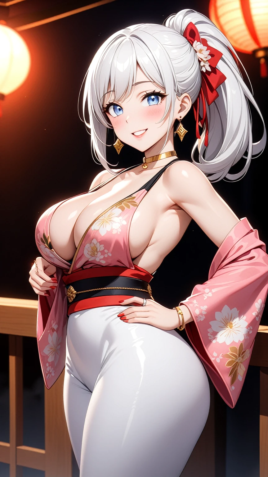 ((One personの女性)), Beautiful Face, (Laughing embarrassedly), (seductive smile:1.4), ((Wink:1.9)), (head tilt:1.3), Laugh with your mouth wide open, upper teeth, looking down at viewer, ((Bright red cheeks:1.4)),Glossy Red Lips,rooftop, firework, Glossy red lips, Shining Face, ((Anime style background)),masterpiece, Highest quality, so beautiful,up to date, Complex details, (Pink long nails),(ring),(bracelet),(Floral choker),AI-generated, Complex,High resolution, Highest quality, super high quality,3D Images、3D Images,One person,Long white hair,High Ponytail, Anime woman posing for a photo,(blue eyes), ((Fine grain、Silvery white, lightly pigmented eyes、Shining Eyes:1.3)), (Squint your eyes:1.1),a hyperRealistic , hyperRealistic , Realistic,Anime woman with long white hair, Smooth anime CG art, A woman in a colorful kimono with gold embroidery, (Black long sleeve kimono),Red floral pattern,Long flower hair ornament,Earrings, Body,(Big BrTall,Abdominal muscles,Tight waist, (from behind),
