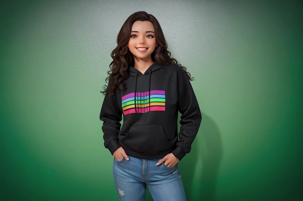 Young woman, smiling, wearing gamer sweatshirt on a white background