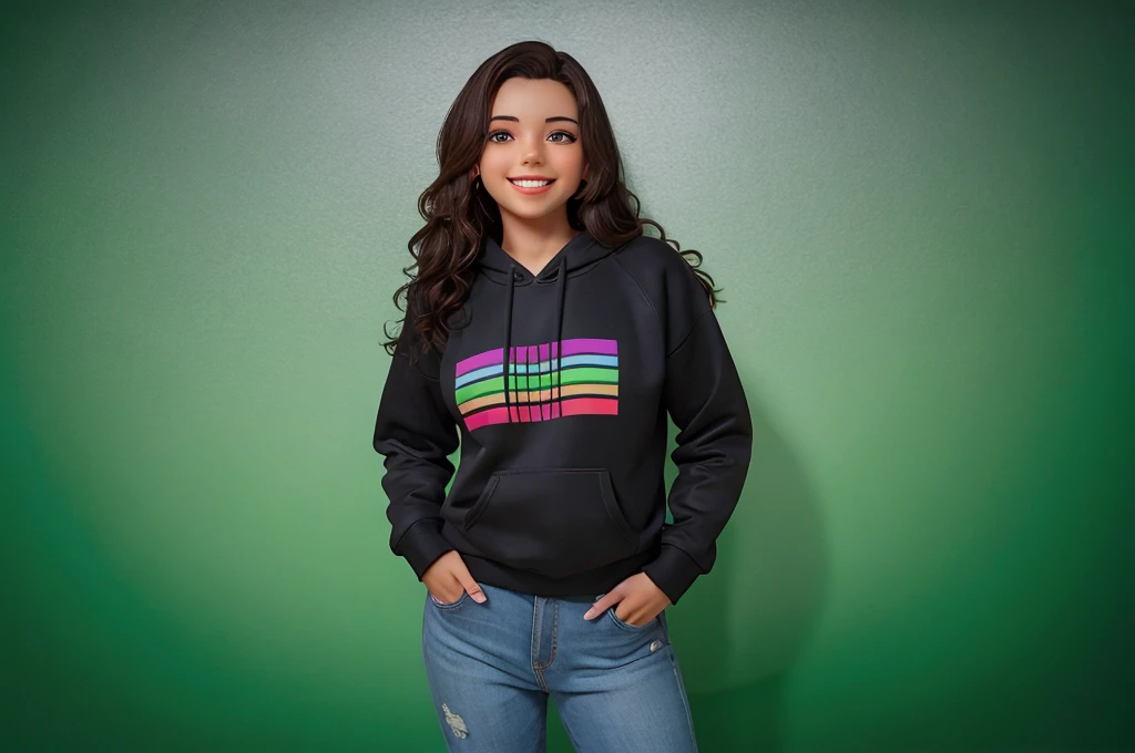 Young woman, smiling, wearing gamer sweatshirt on a white background