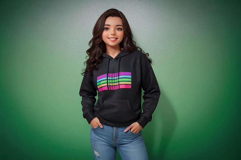 Young woman, smiling, wearing gamer sweatshirt on a white background
