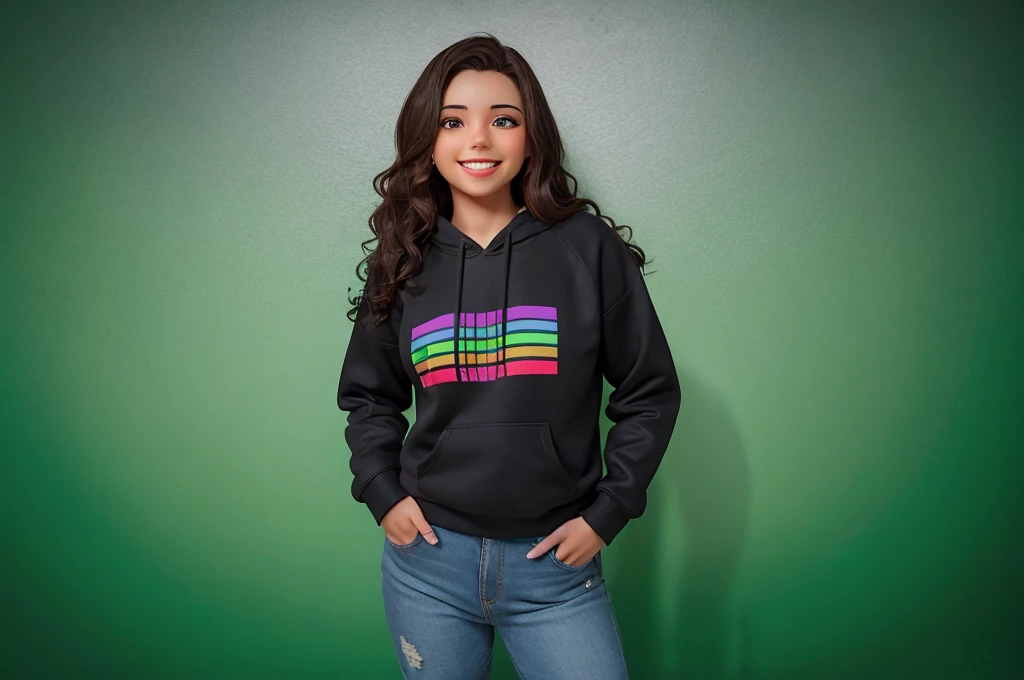 Young woman, smiling, wearing gamer sweatshirt on a white background