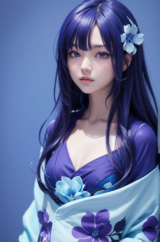 Create an anime character with blue and purple clothes and a blue background with blue flowers