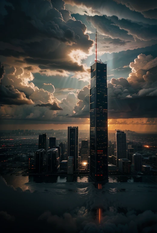Sci-fi city surrounded by storm clouds at sunset (retroactive:1)
