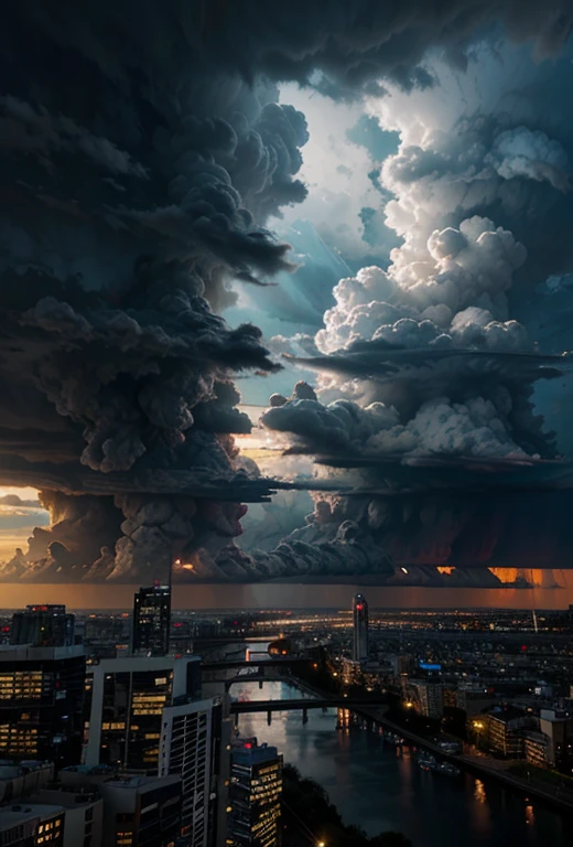 Sci-fi city surrounded by storm clouds at sunset (retroactive:1)