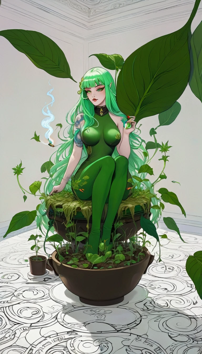 divine beautiful dlyad girl, long green hair, large breasts, full body, personified, fantasy, she is holding a cigarette, excellent lighting, excellent anatomy, leaves, weeds, sprouts, trees, soil, ethereality, fantasy card game frame, psychedelic, psychedelic delusion, 2d Gauche hand drawn painting, masterpiece