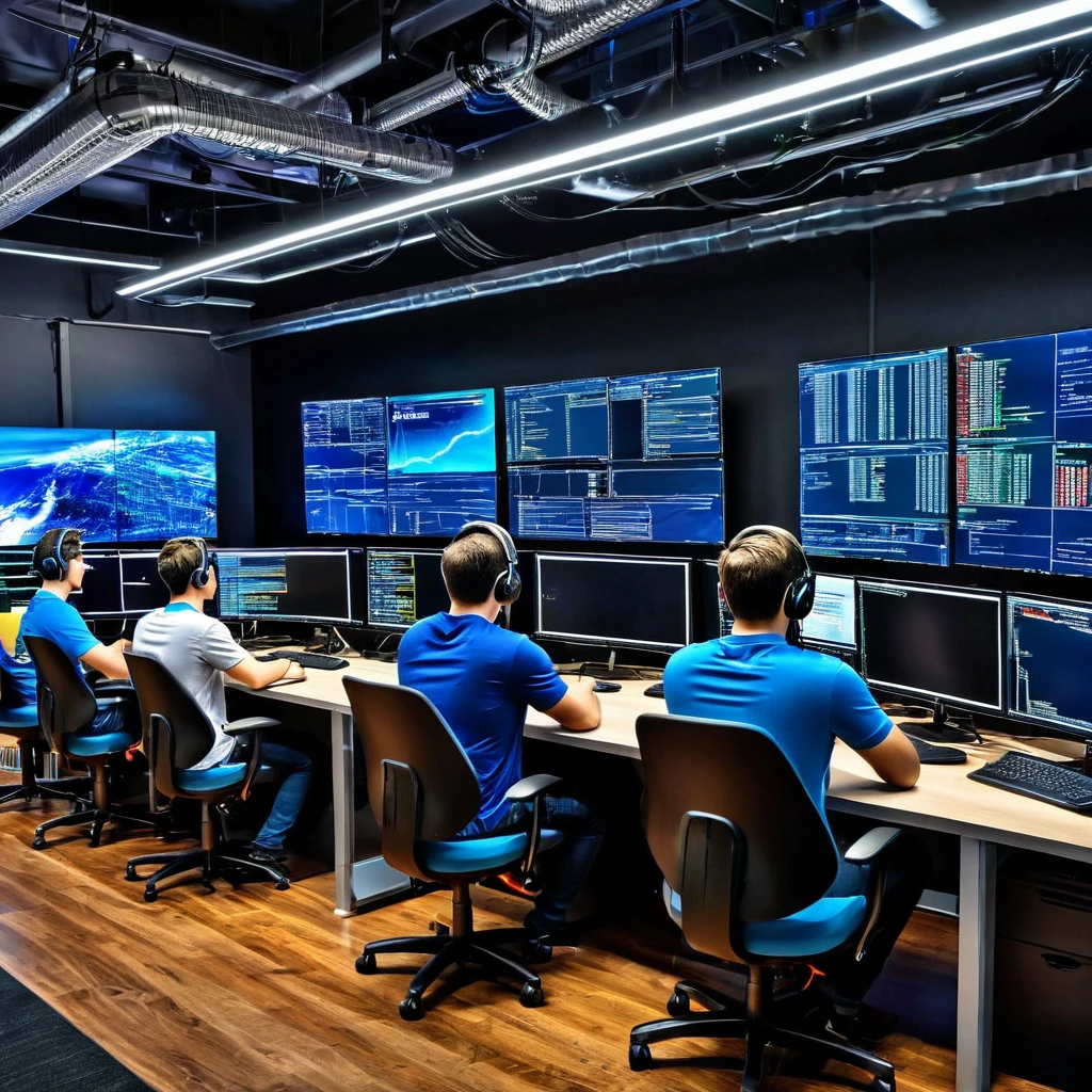 Imagine a photorealistic coding competition in HDR. Render a scene with multiple programmers engaged in a coding challenge, showcasing their intense focus, highly detailed monitors, and the excitement of real-time coding competition.