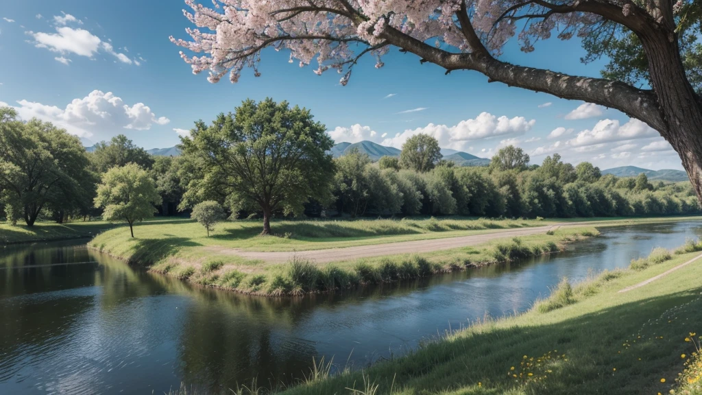 landscape with tree with flowers and river