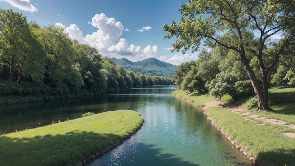 landscape with tree with flowers and river