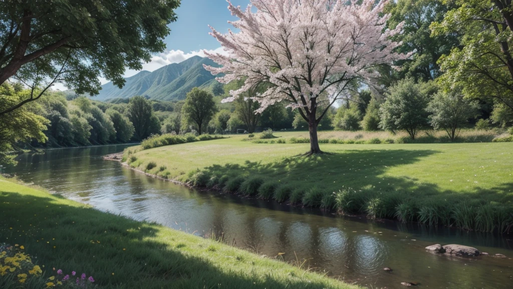 landscape with tree with flowers and river