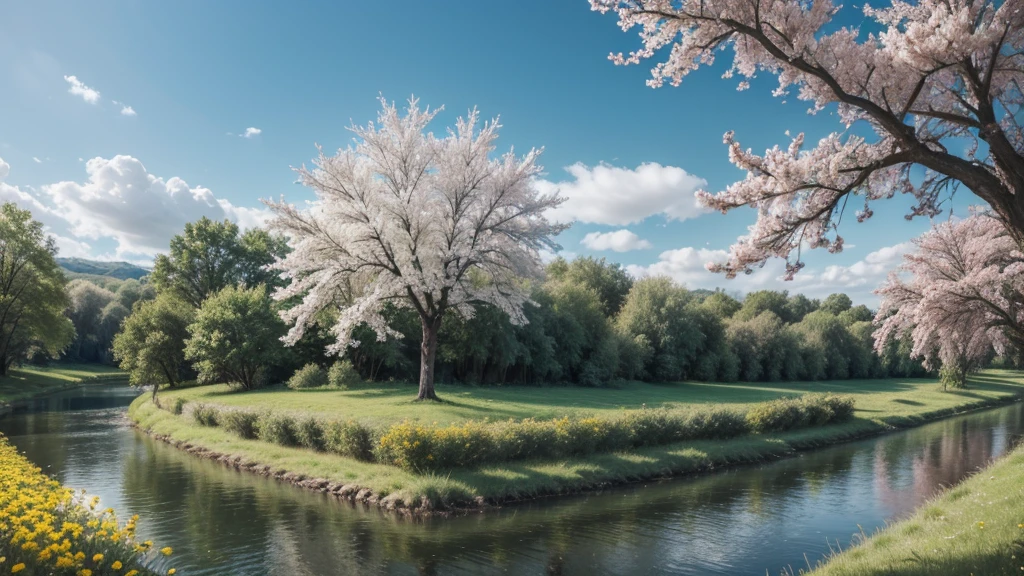 landscape with tree with flowers and river