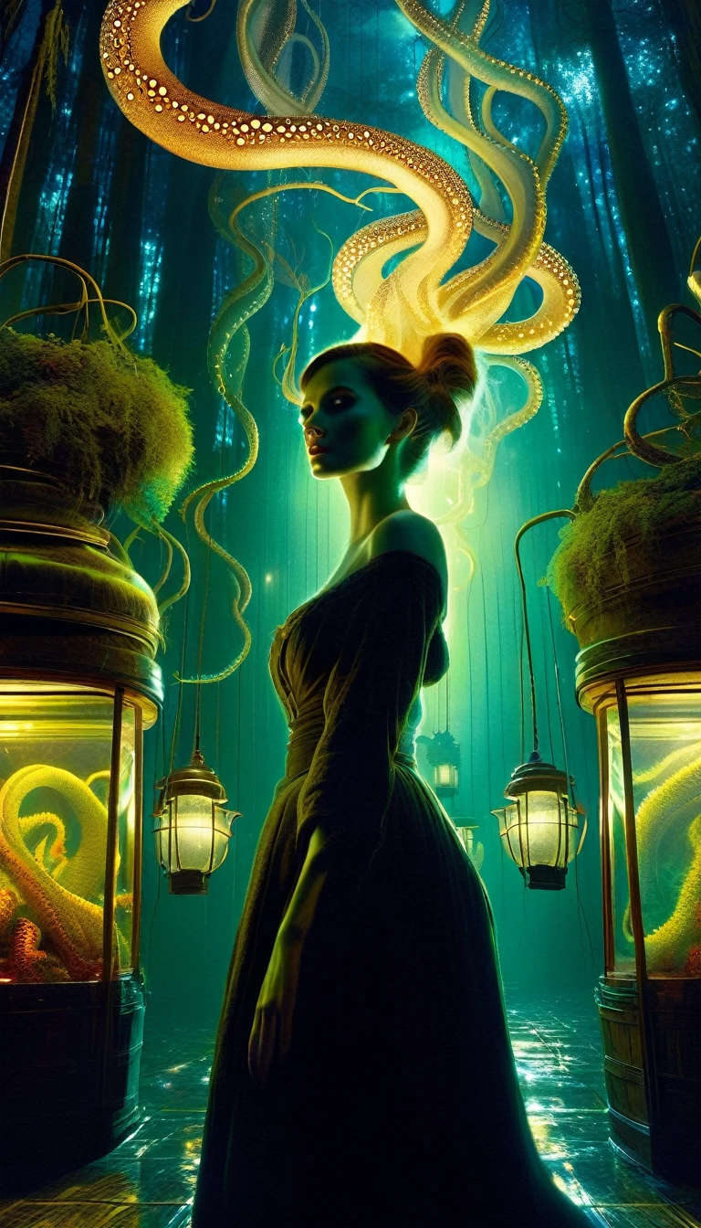 Fantasy world, midnight forest, dark, disturbing, strange, unnatural, (Rembrandt Illumination: 1.3) light particles, lens flares, tentacle store, several tentacles, large jars, a sexy shopkeeper, a woman shopping, tentacles live for sale, side chest, forest cat, tentacle cat, upper body close-up, artistic masterpieces that will go down in history, fantastic backgrounds, memorable scenes, fantastic angles (masterpiece: 1.2), (best quality : 1.2), intricate details, newest, AI generated (Bill Sienkiewicz inspired art, intricate details, oil painting)