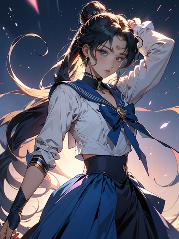 anime((tmasterpiece)), ((best qualtiy)), (ultra - detailed), ((Very detailed)), 4K, (8K), sailormoon, long golden hair, dual horsetail,sailor moon aesthetic,a beauty girl,Puffy skirt,Blue color, dreamcore,Bigchest,nakeness,Genital only,bared chest