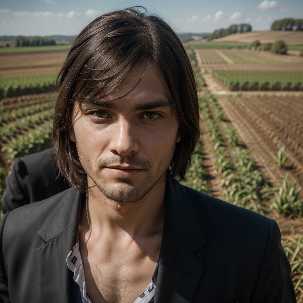 Portrait photo of a man wearing a black suit, full of wounds, looking at the camera, tall agricultural fields, a bit dark, Face full of wounds
