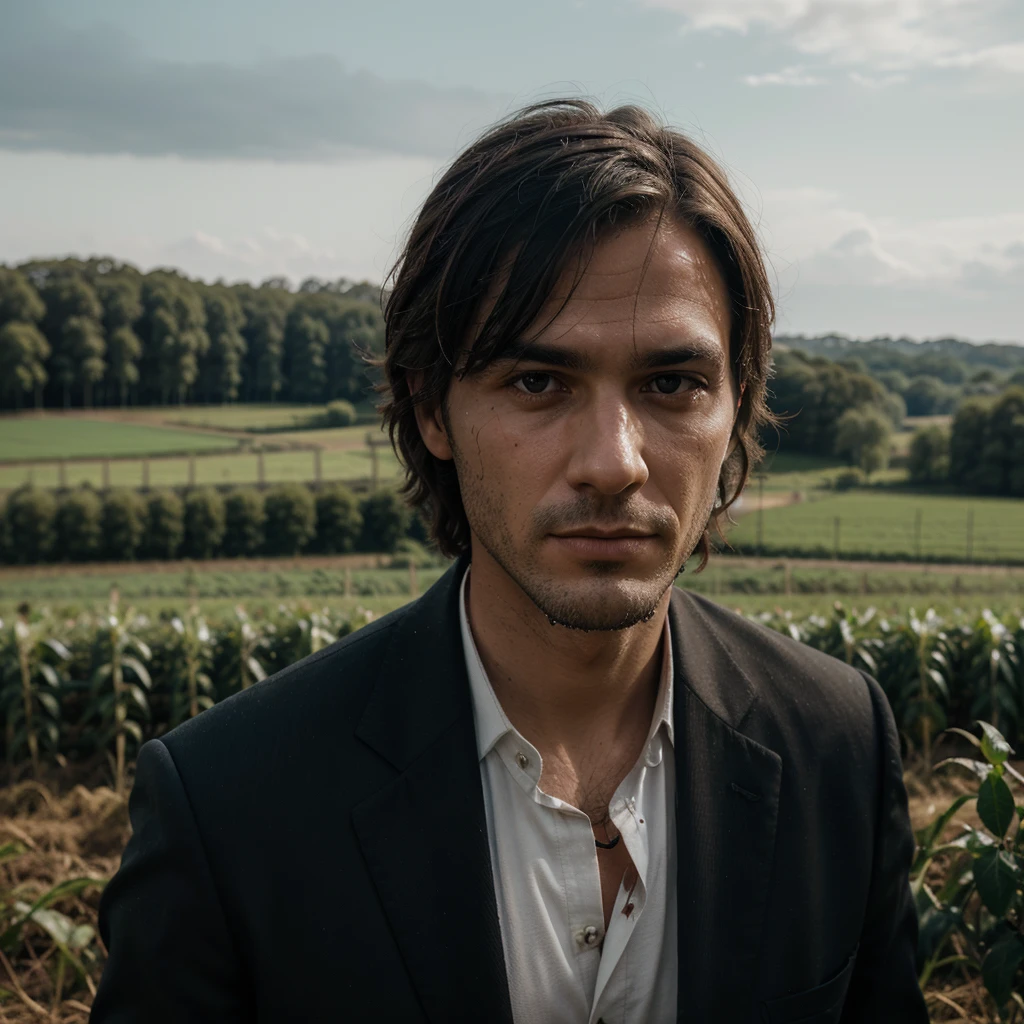 Portrait photo of a man wearing a black suit, full of wounds, looking at the camera, tall agricultural fields, a bit dark, Face full of wounds