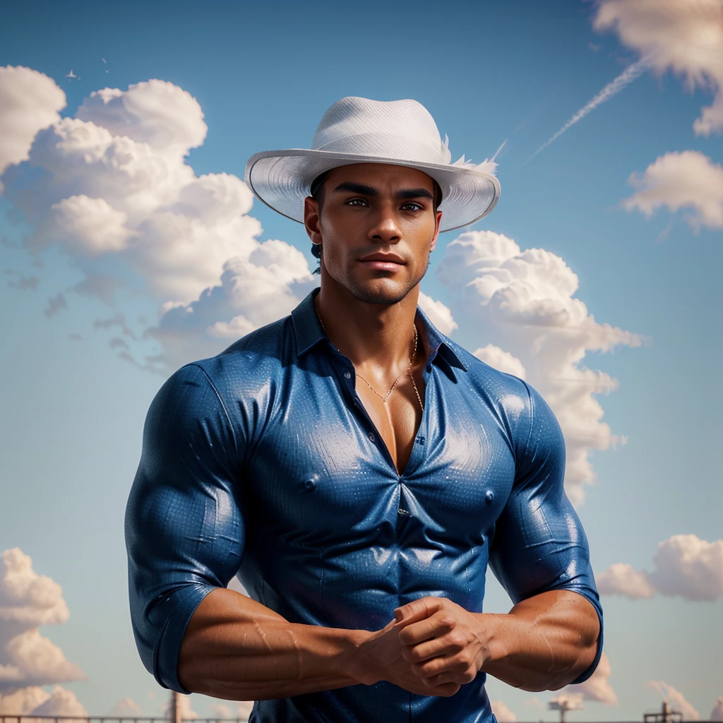 there is a man in a hat standing in front of a cloudy sky, muscle wizard, Attractive man, handsome stunning realistic, in digital illustration style, stylized digital illustration, male character, 3D 8k rendering character art, Handsome man, slim man with light tanned skin, male with halo, character with white hat, Handsome man, muscular character