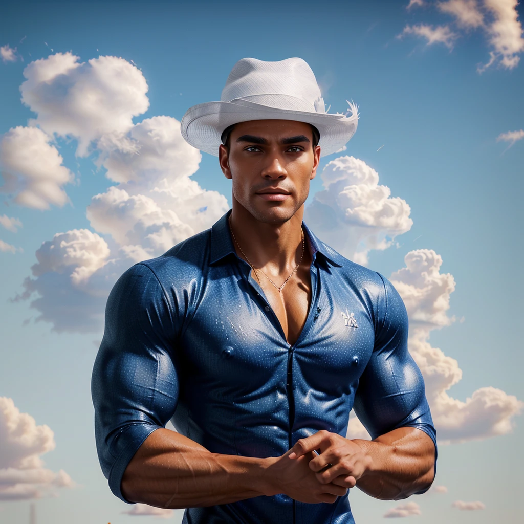 there is a man in a hat standing in front of a cloudy sky, muscle wizard, Attractive man, handsome stunning realistic, in digital illustration style, stylized digital illustration, male character, 3D 8k rendering character art, Handsome man, slim man with light tanned skin, male with halo, character with white hat, Handsome man, muscular character