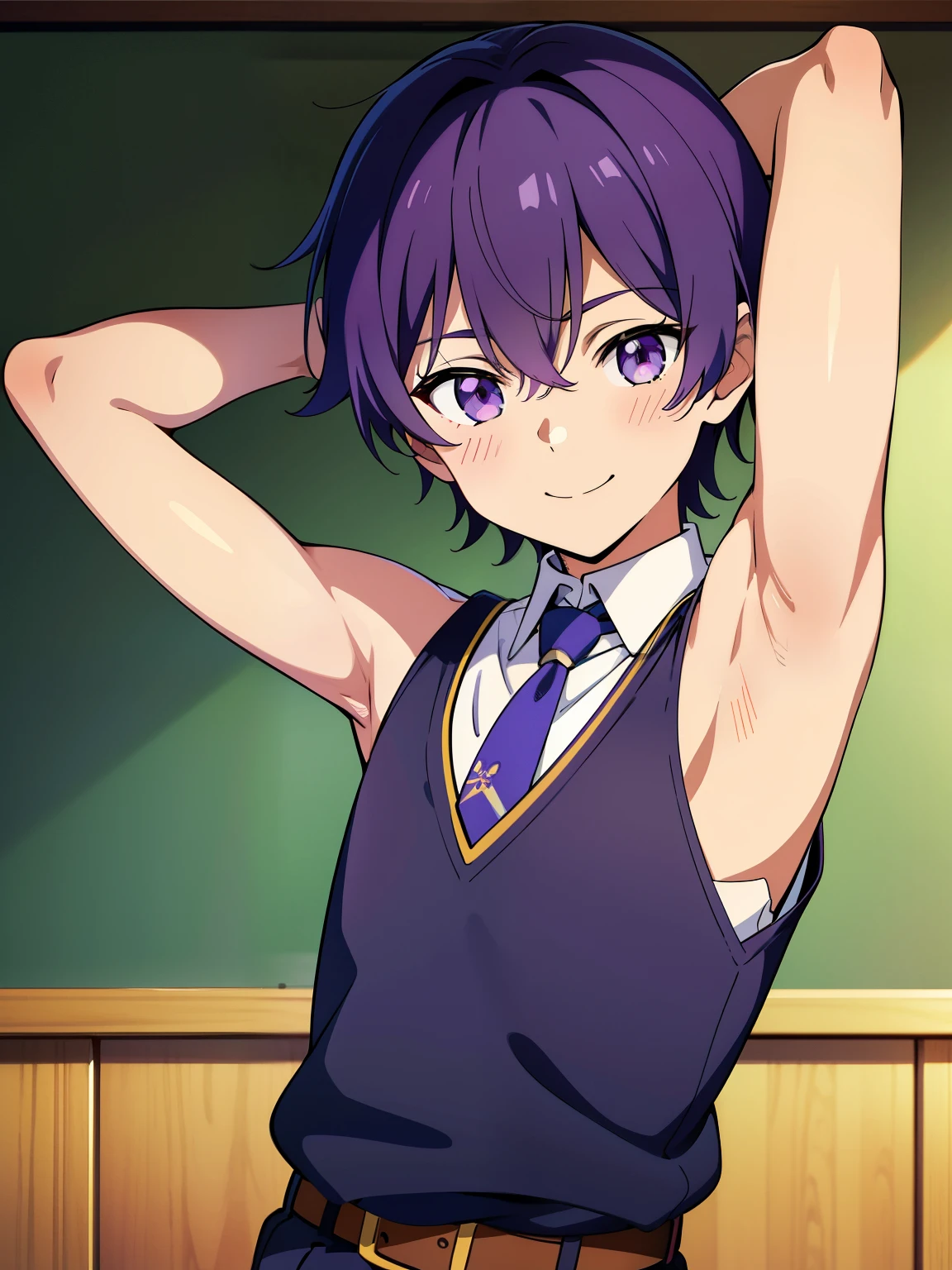 Highres, Masterpiece, Best quality at best,Best Quality,hight quality, hight detailed, Anime style, 1boy, , young boy, Solo person, smile, Violet hair, messy hair, school, Sleeveless uniform, Bare shoulder, Tie, Seen from the front, look at viewer, upper body, belt, Such a cute smooth armpit, showing armpit, Cute armpit, Boy cutely shows his armpit, The armpits of a 12 ye Adorable little armpits, (very young boy), (very small and short body), 12-year-old boyseckground