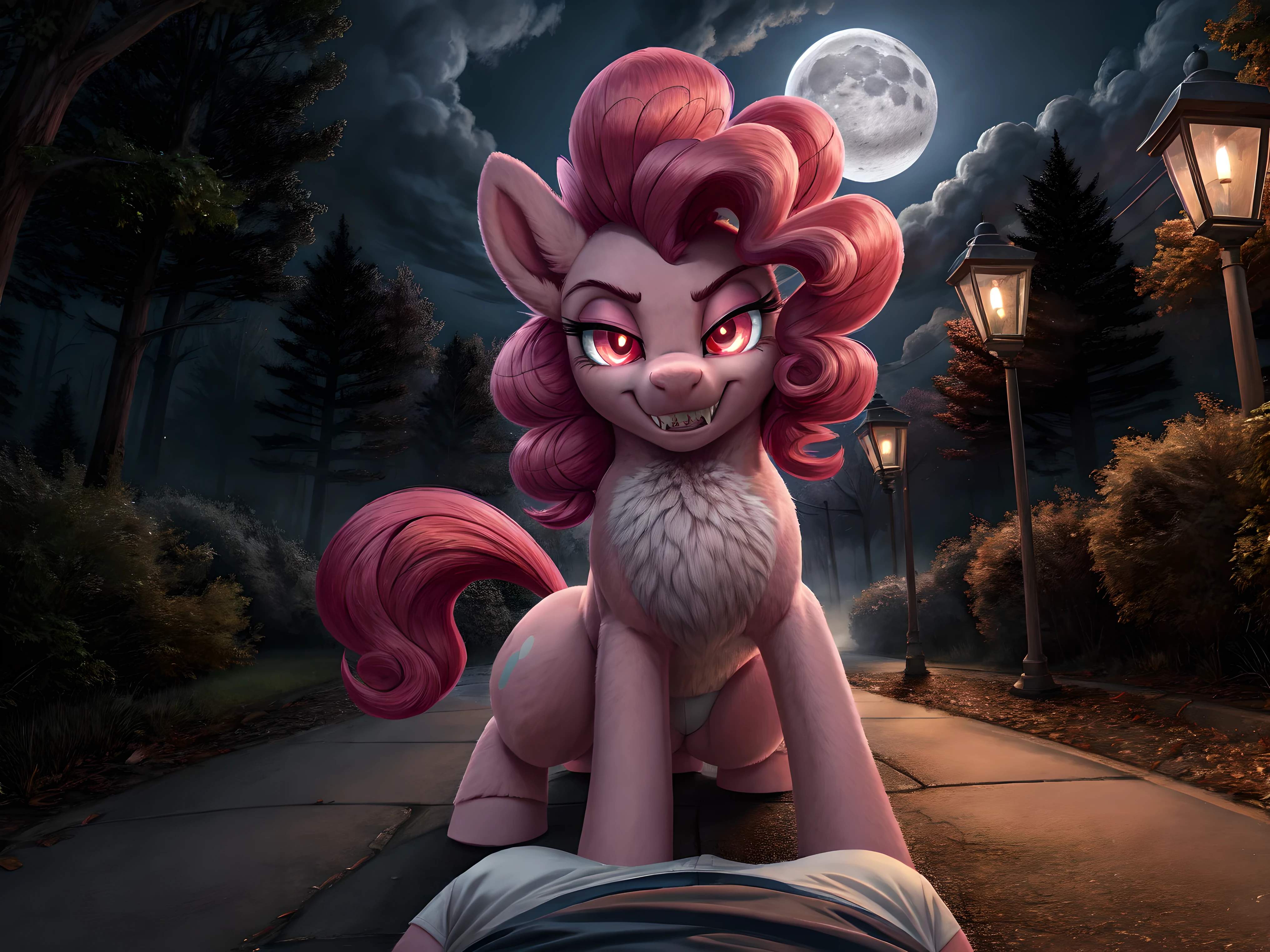 Pinkie pie, pony, walking,  skirt, white panties , vampire teeth, red eyes, glowing eyes, looking at the viewer, smirk, seductive,  in the forest, in public, evening, street lamps, fog, moon, clouds, POV facesitting 