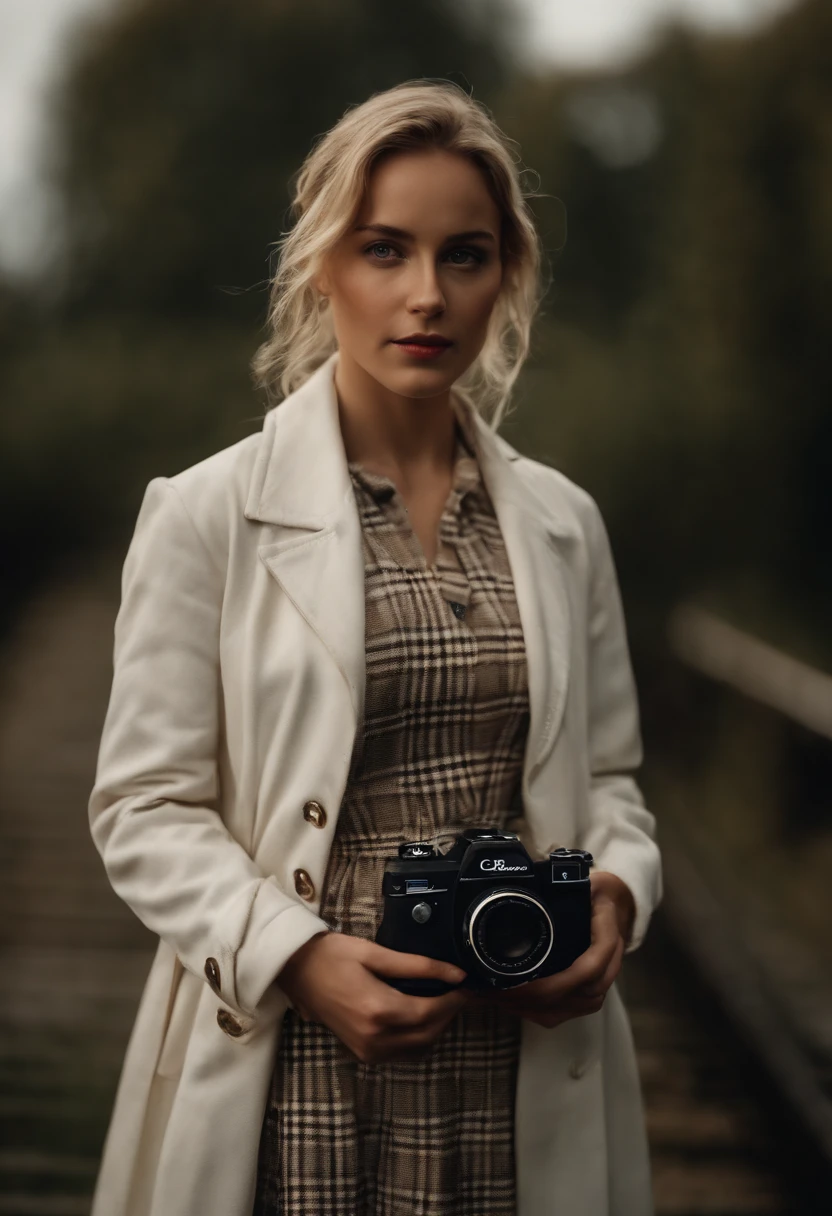 Masterpiece, High quality, Young EMÍLIA CLARKE, Holding a checked long dress, digital camera, White jacket, Blonde, Facing forward, looking at the camera in, full bodyesbian, center of screen