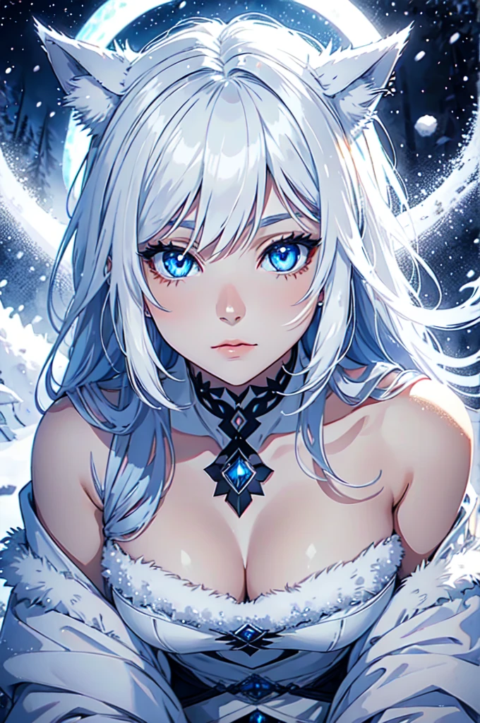female winter wolf, piercing blue eyes, white fur, Setting is a Scandinavian forest in winter, snow, Highly detailed, looking at viewer, slender