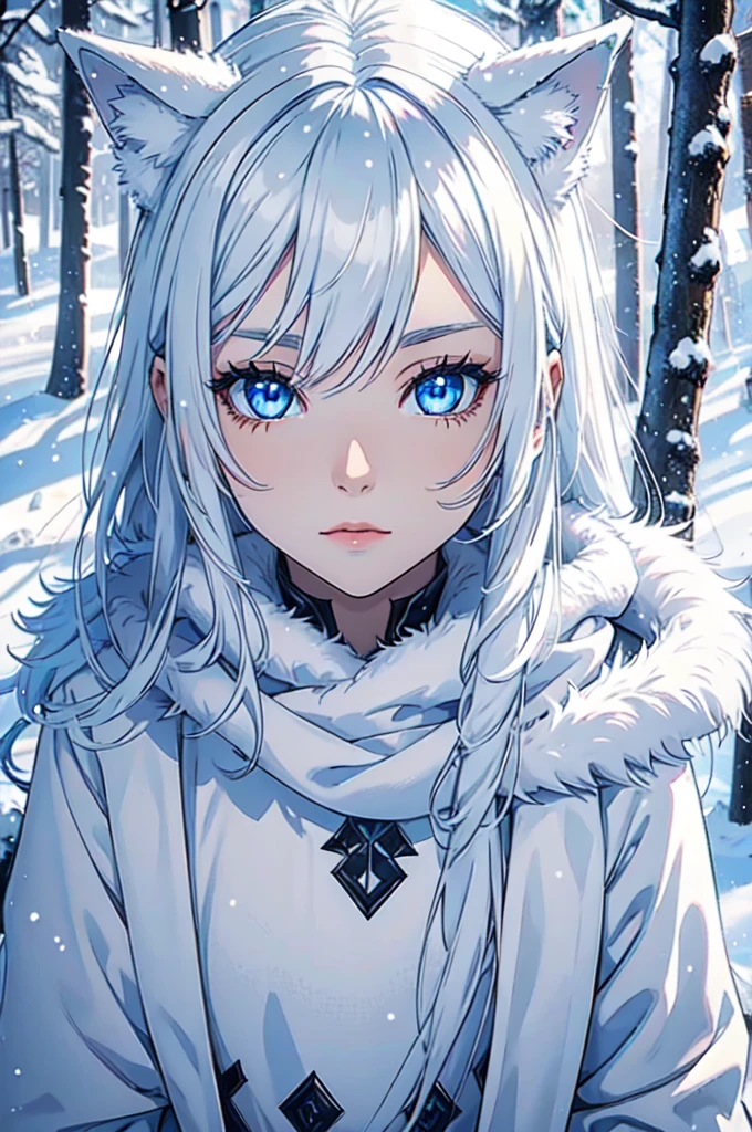 female winter wolf, piercing blue eyes, white fur, Setting is a Scandinavian forest in winter, snow, Highly detailed, looking at viewer, slender