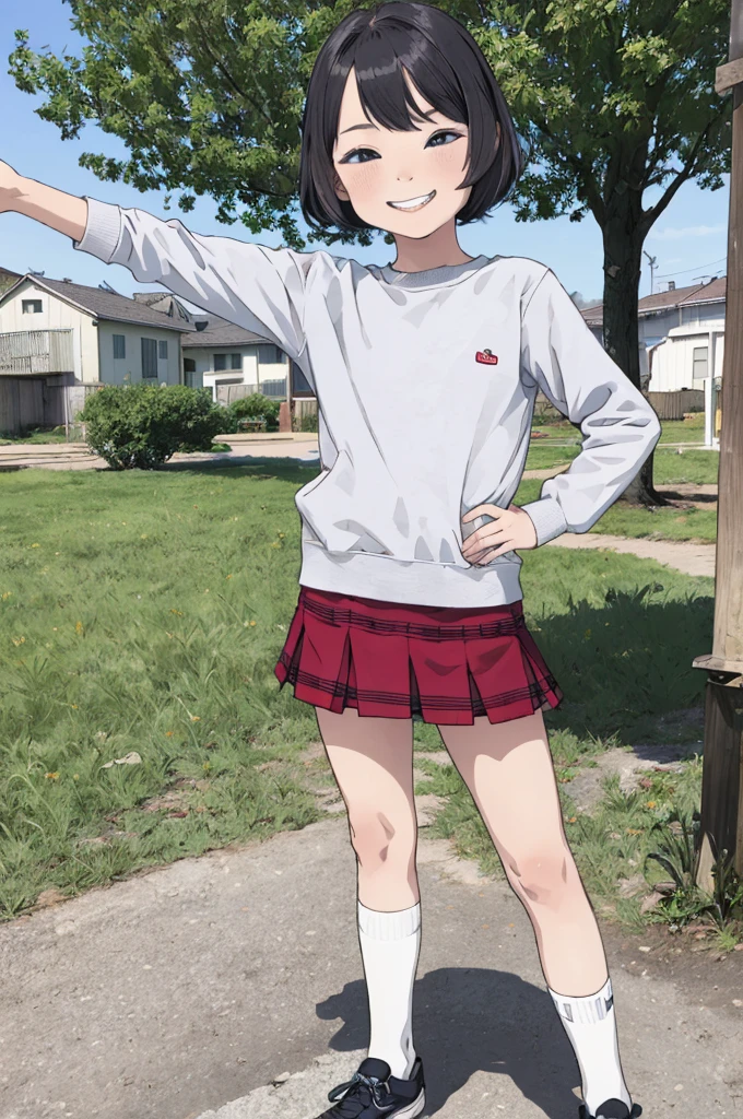 best quality, masterpiece, detailed,2d,flat color, 1girl,10yo,petit,grin,outdoor,miniskirt,socks,