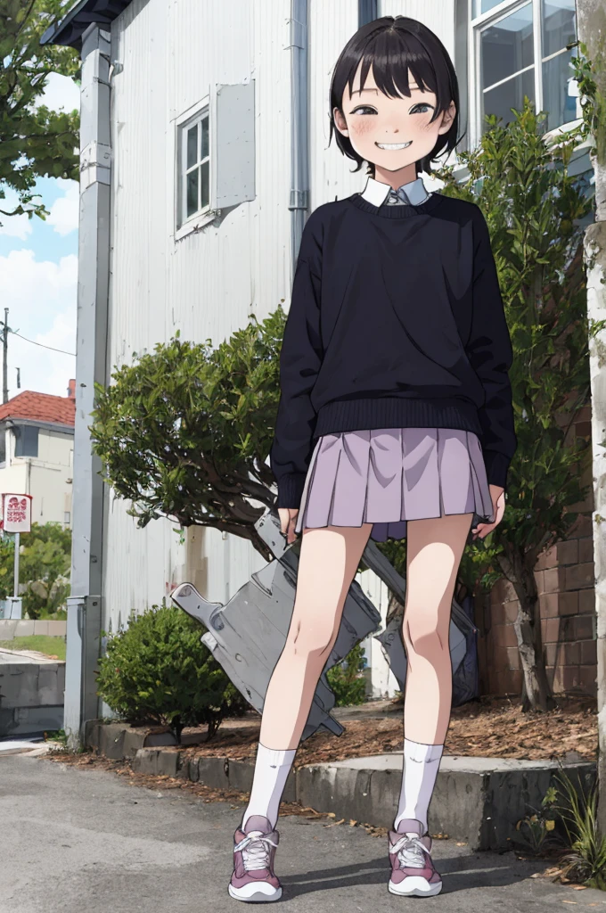 best quality, masterpiece, detailed,2d,flat color, 1girl,10yo,petit,grin,outdoor,miniskirt,socks,