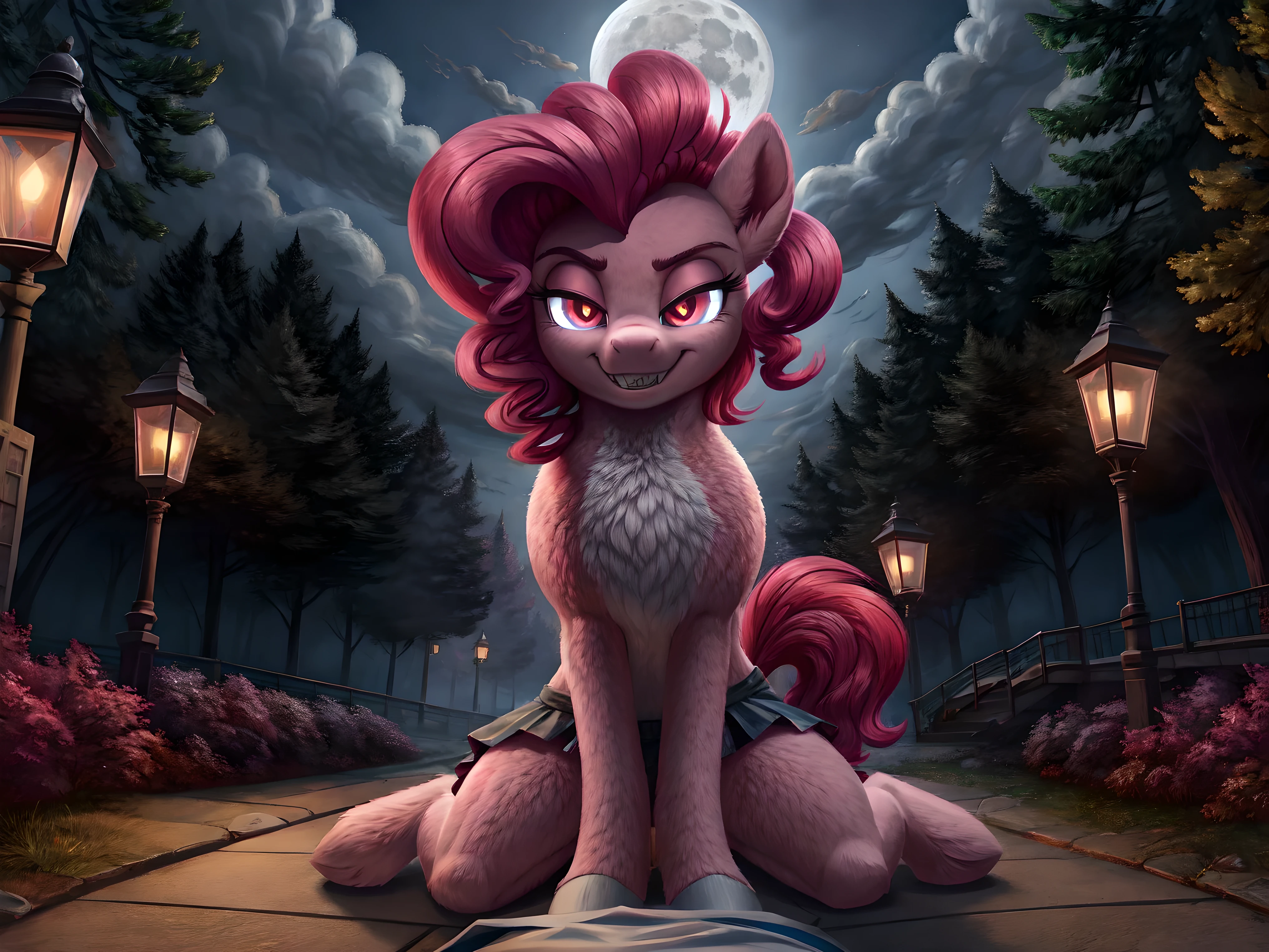 Pinkie pie, pony, walking,  skirt, white panties , vampire teeth, red eyes, glowing eyes, looking at the viewer, smirk, seductive,  in the forest, in public, evening, street lamps, fog, moon, clouds, POV facesitting 