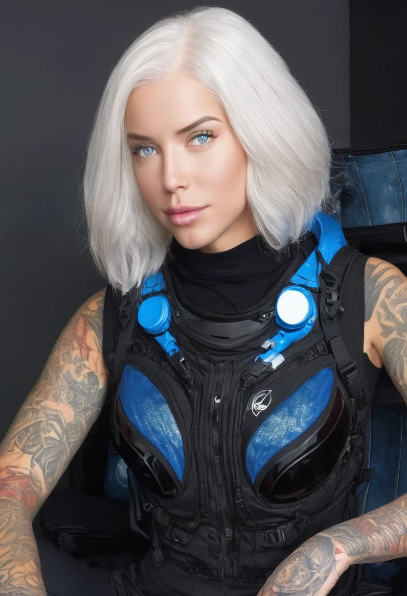 Woman with ,golden white hair,Blue eyes,,,black spacesuit