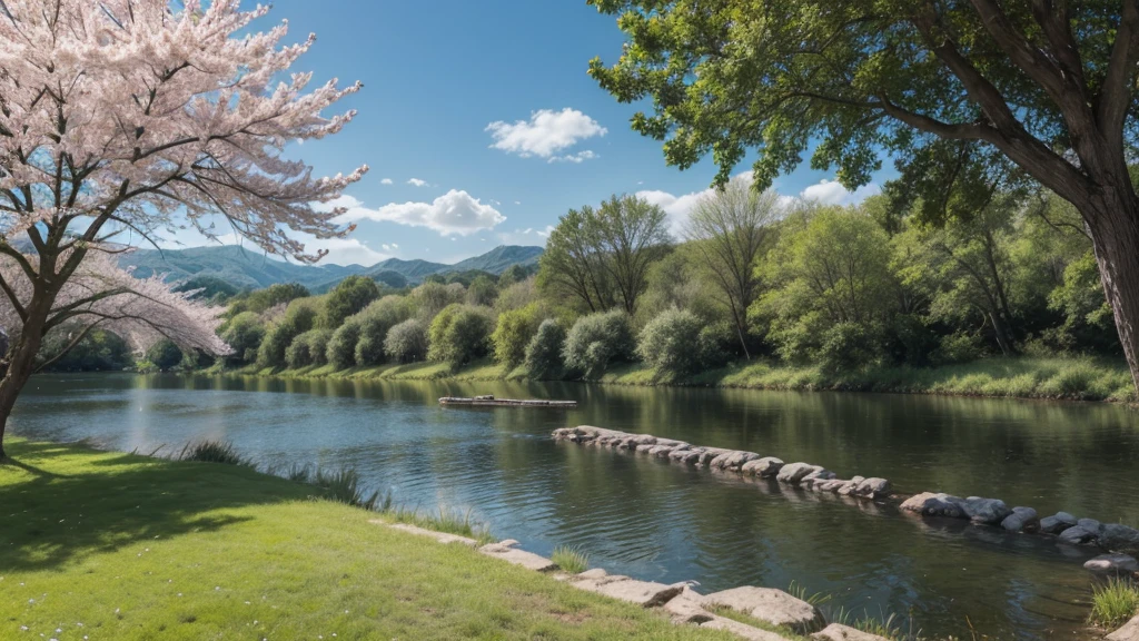 landscape with tree with flowers and river