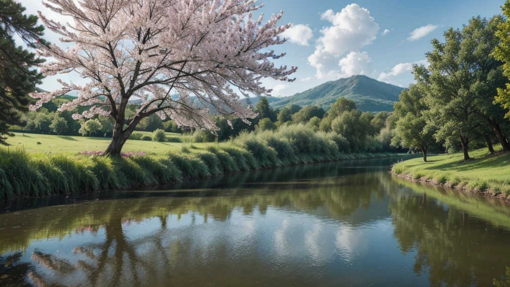 landscape with tree with flowers and river