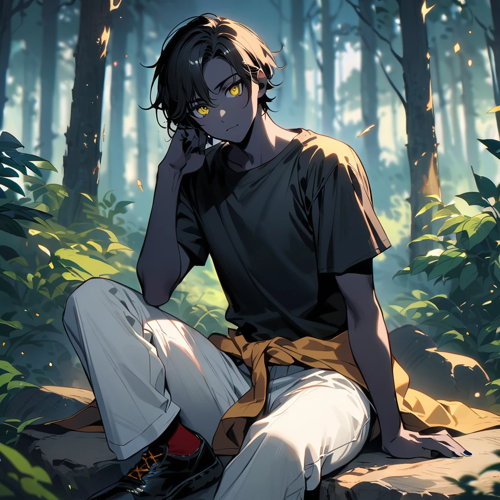 (well done: 1) man, slightly burnt black skin, shoulder-length wavy black hair, yellow eyes, black t-shirt, nails painted black, white pants, blouse wrapped around the waist, black shoes.   sitting on a rock in a forest..