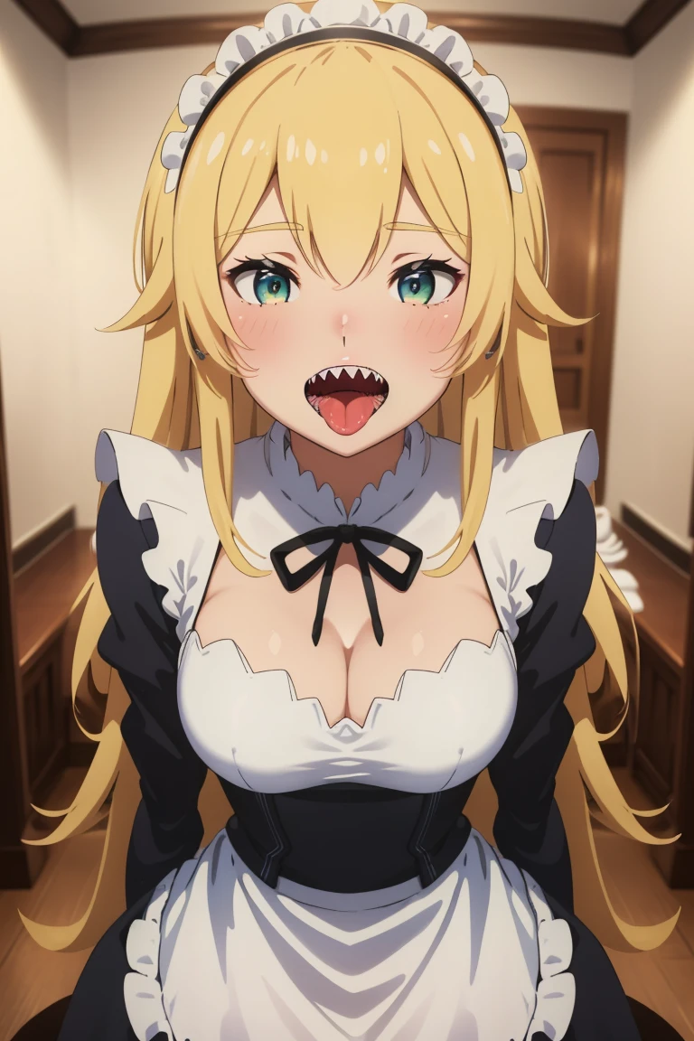 cowboy shot,indoors,smile,open mouth, sharp teeth,
æ³å
°é»èå¡Â·é²æ¼,1girl,solo,blonde hair,very long hair,sidelocks,thick eyebrows,hair between eyes,green eyes,
maid,maid headdress,roswaal mansion maid uniform,detached collar,neck ribbon,black ribbon,cleavagecutout,medium breasts,black dress,long sleeves,juliet sleeves,wide sleeves,cleavage,frills,waist apron,white apron,long dress,, Exquisite visuals, high-definition,masterpiece,best quality,, 18yo,Young female,Beautiful Fingers,Beautiful long legs,Beautiful body,Beautiful Nose,Beautiful character design, perfect eyes, perfect face,expressive eyes,
official art,extremely detailed CG unity 8k wallpaper, perfect lighting,Colorful, Bright_Front_face_Lighting,shiny skin,
(masterpiece:1.0),(best_quality:1.0), ultra high res,4K,ultra-detailed,
photography, 8K, HDR, highres, absurdres:1.2, Kodak portra 400, film grain, blurry background, bokeh:1.2, lens flare, (vibrant_color:1.2), (beautiful_face:1.5),(narrow_waist), ,NSFW, blush, open mouth, big mouth, tongue, tongue out, close up, saliva, uvula, uvula, room, mouth focus, excessive saliva, giantess, long tongue, large tongue,