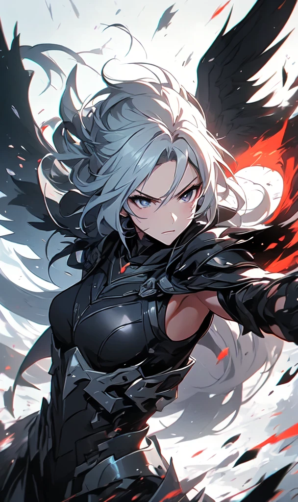 1girl, solo, anime, anime girl,((masterpiece)), HDR, 8k, photogenic, trending on artstation, ((ultra-detailed)), ((best quality)), ((intricate details)), white hair, black wings, from arknights, middle shot of a female anime hero, artgerm and atey ghailan, arknights, in combat, dynamic, dynamic pose, dynamic composition, attack, fate grand order, anime style like fate/stay night, senti, black eyes, white hair, poinytail, mature, (anger, tsurime:1.33), cursed armor, high tech armor, black armor, stealthtech ,scifi ,cutting edge , sleek angular, flames, destruction, world on fire, apocalyptic mass destruction