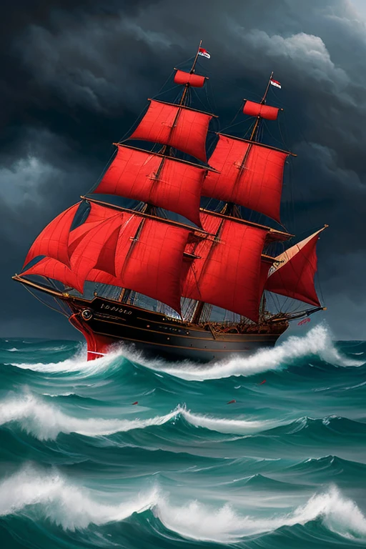 Draw a ship with scarlet sails in a storm