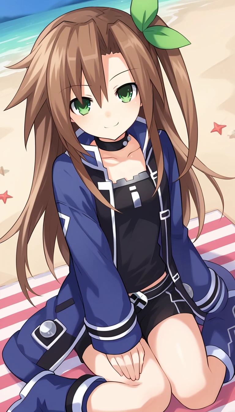 score_9, score_8_up, score_7_up, score_6_up, score_5_up, source_anime, 1girl, solo, brown hair, long hair, green eyes, smile, closed mouth, green bow, ribbon, one side up, choker, blue jacket, collar, boots, black shorts, black shirt, sitting, beach, outdoors, sunny, looking at viewer, dutch angle, IF \(neptunia)\