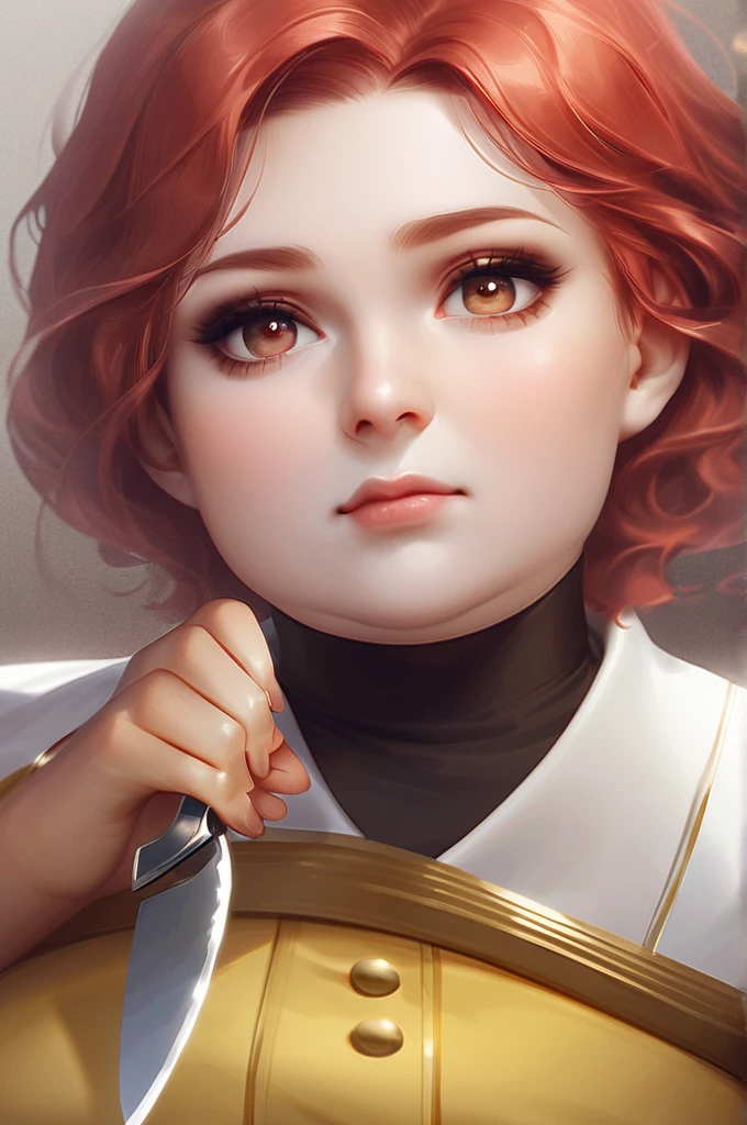 ((Лучшее качество)), ((шедевр)), (подробный), big brown eyes, short red hair, potato knife, slightly swollen lips, overweight