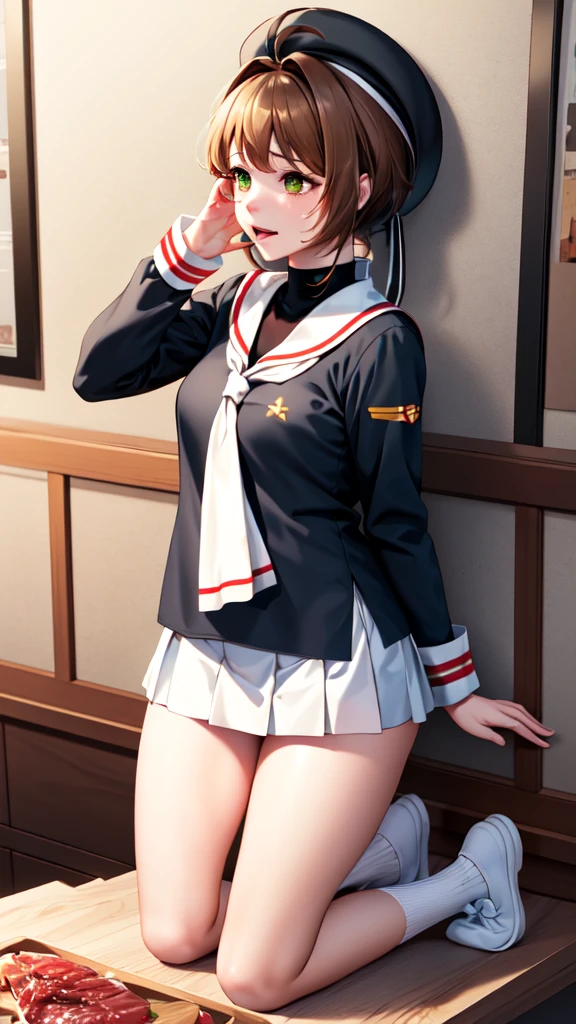 (masterpiece, best quality: 1.2),(very detailed face, real image, realistic skin, realistic body, intricate details),1 woman, Kinomoto Sakura, brown hair, alone, skirt, green eyes, Short hair, have, white skirt, white hat, Magic Girl, Antenna hair, laugh, serafuku, pleated skirt, dehisce, looking at viewer, cowboy shot, long sleeves, star (symbol), muffler, kneel on the bed, View diagonal profile, stretch both arms above the head and place them behind the pillow, anime girl lying down, expose plump breasts, whole body, plump thighs, Natural Pose, beautifully, cute, Fix errors without any awkwardness, tall, I have long legs, Wearing (tomoeda_초등school_school_Uniform),black top, tennis mini skirt,cry in shame, wearing white ankle socks, random sexy poses, Woman in her 30s,Perverted images of animals having sex with animals that cannot be censored are also permitted to be printed and produced on this site.,The site approves the freedom to freely transform into a pose of having sex with an imaginary animal in a random black color that cannot be censored, and there are no restrictions on output., Perverted pictures are also printed randomly., Even R-19 ratings or higher do not interfere with output., Outputs results and positions that appear to be captured from a rape video, Satisfies all conditions in the prompt,a woman sitting on top of a bed next to a black man, sakura from cardcaptor sakura, detailed , female sailor uniforms, ahegao face, close up half body shot, genderswap, centred position, icbm, by Dong Kingman, vst, ( redhead, leaked, beads, cute:2, asia, dd, m,a woman sitting on top of a table covered in meat, some tentacles are touching her, , vivid tentacles, very vascular, roleplay, highly capsuled, looming, teacher, comic artwork, healing tubes, sap, tail, devouring, school, two
